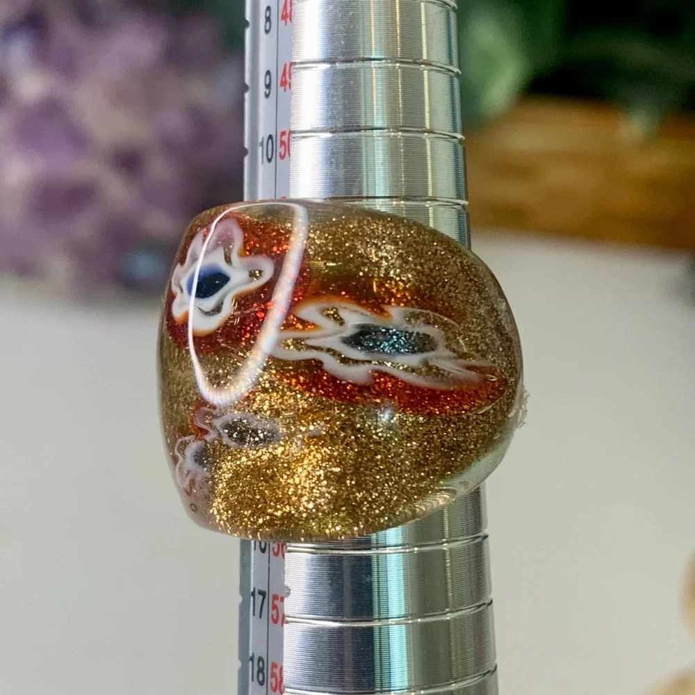 Vintage Murano Style Solid Glass Hand Blown Red Gold Millefiori Dome Ring Size 7